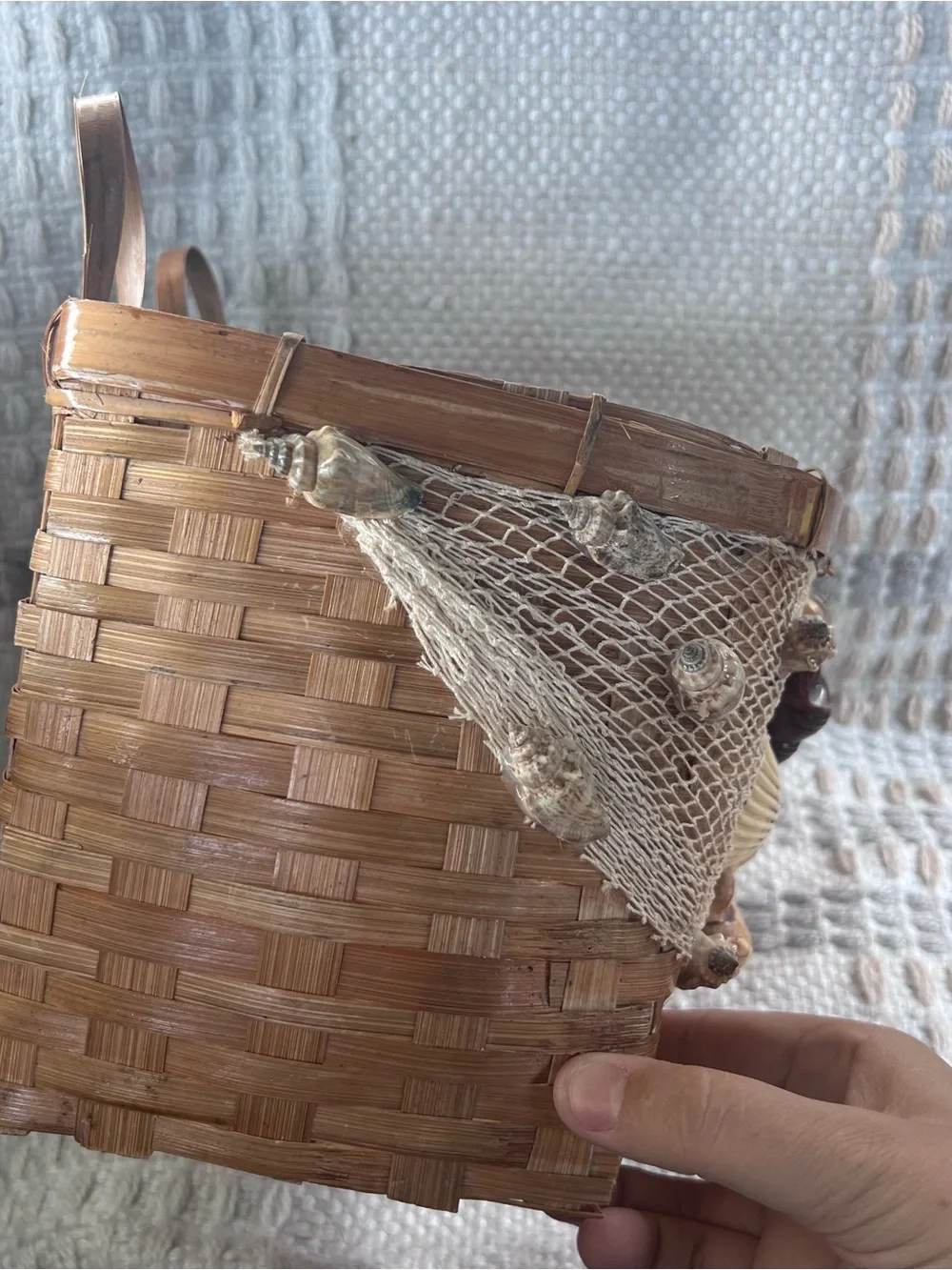 Handcrafted Seashell Accent Woven Straw Basket - Tan